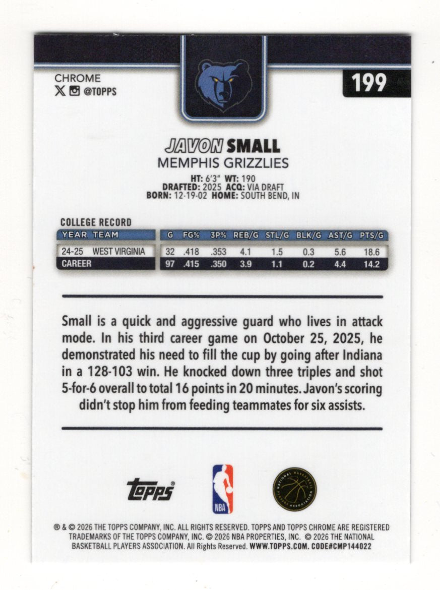 2025-26 Topps Chrome Update Javon Small RC #199 Memphis Grizzlies Base