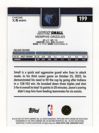 2025-26 Topps Chrome Update Javon Small RC #199 Memphis Grizzlies Base