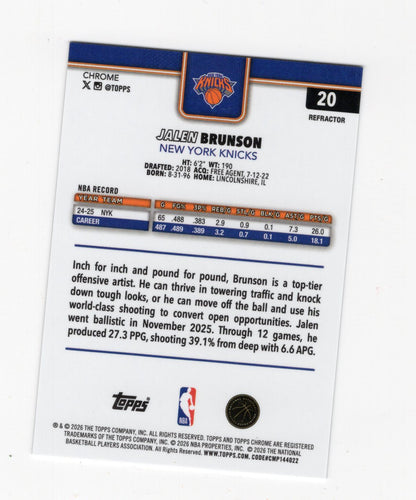 2025-26 Topps Chrome Update Jalen Brunson #20 Refractor New York Knicks