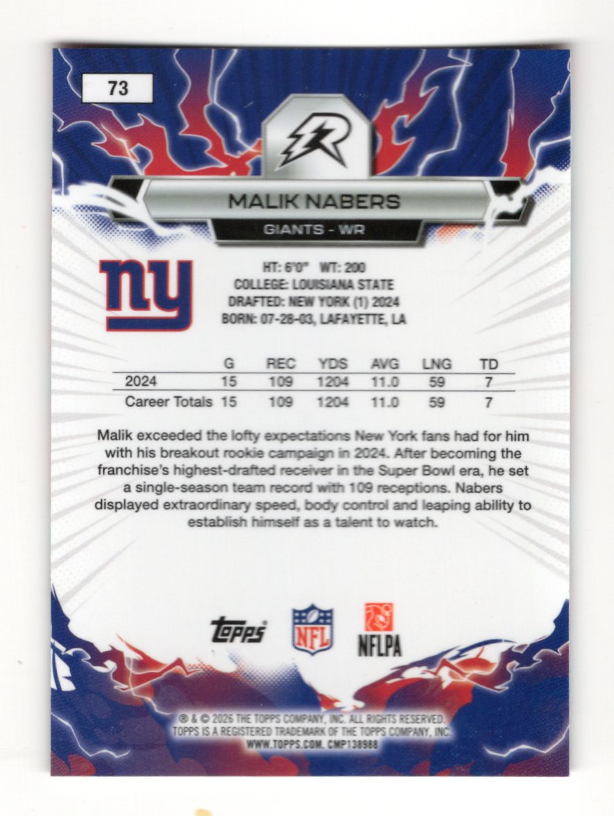 2025 Topps Resurgence Malik Nabers Card Sky Blue & Pink Shock Refractor  Giants