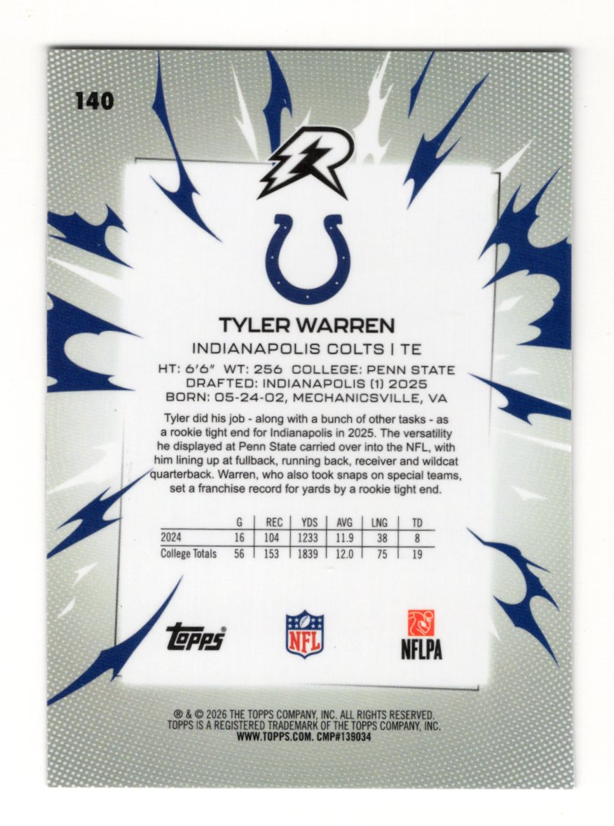 2025 Topps Resurgence Tyler Warren Card Rookie Indianapolis Colts