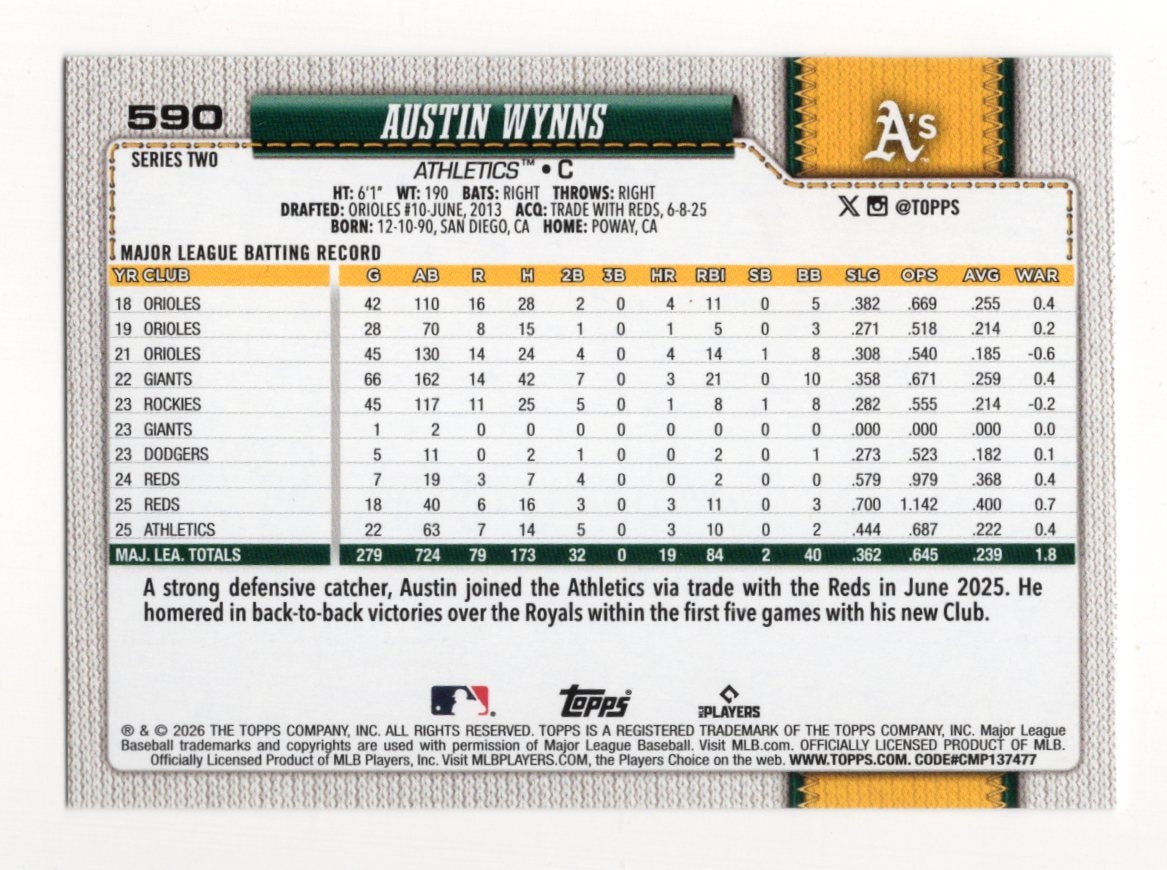 2026 Topps Series 2 Austin Wynns Rainbow Foil Parallel #590 Oakland A's
