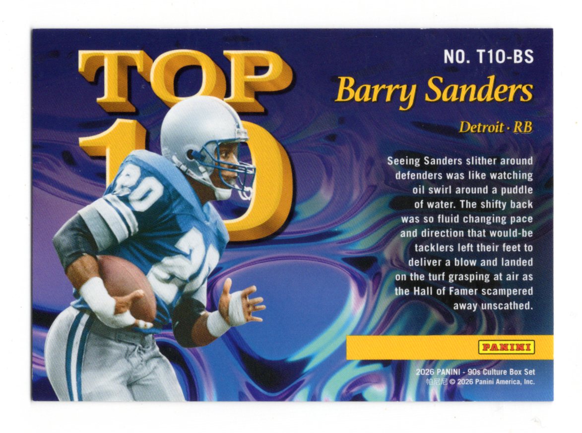 2026 Panini Decades 90s Pop Culture Barry Sanders Card Top 10 Yellow /299 Lions