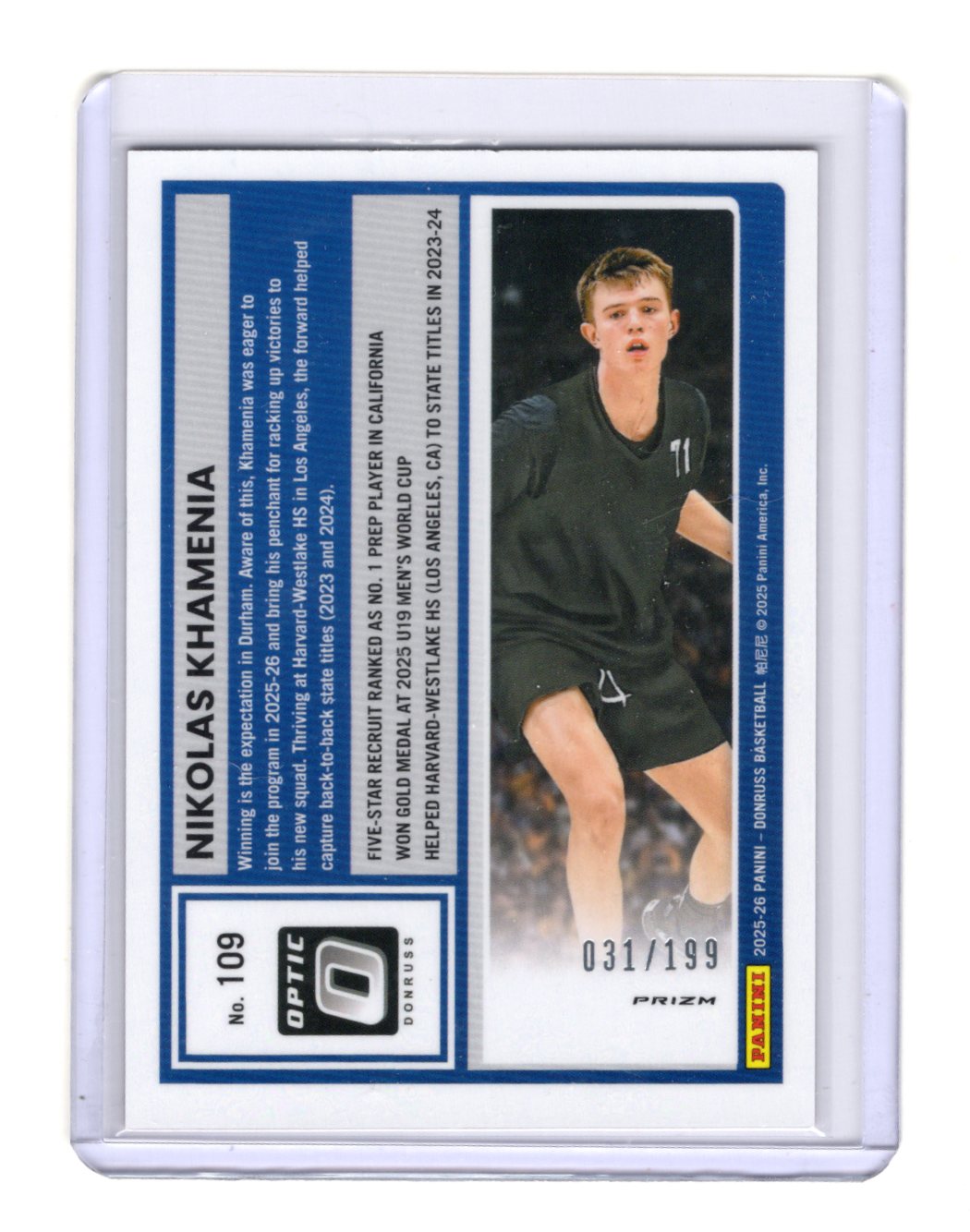 2025-26 Donruss Nikolas Khamenia Card Optic Orange Shock SN #/199 Duke