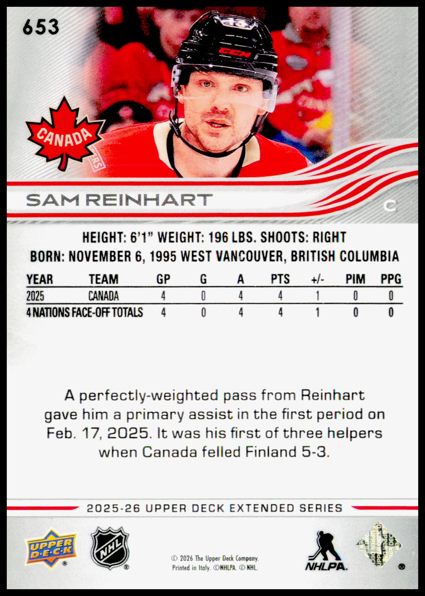 2025-26 Upper Deck Sam Reinhart Card Canada