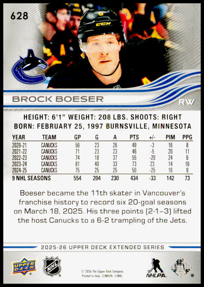 2025-26 Upper Deck Brock Boeser Card Vancouver Canucks
