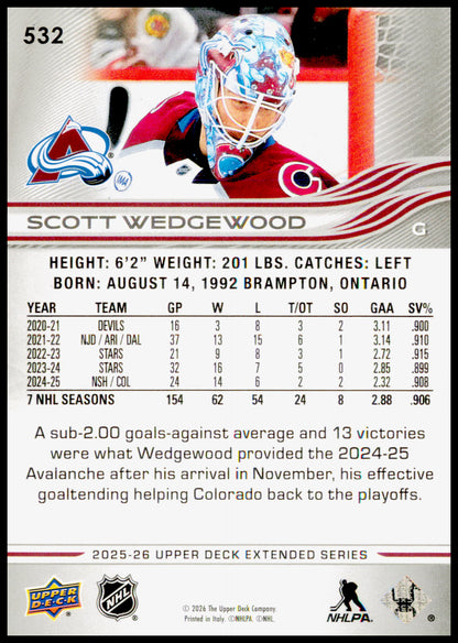 2025-26 Upper Deck Scott Wedgewood Card Colorado Avalanche