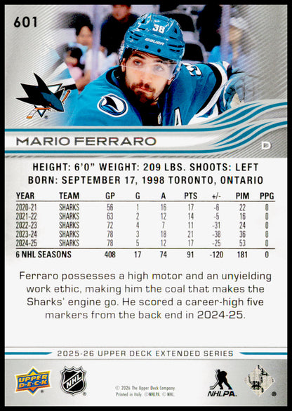 2025-26 Upper Deck Mario Ferraro Card San Jose Sharks
