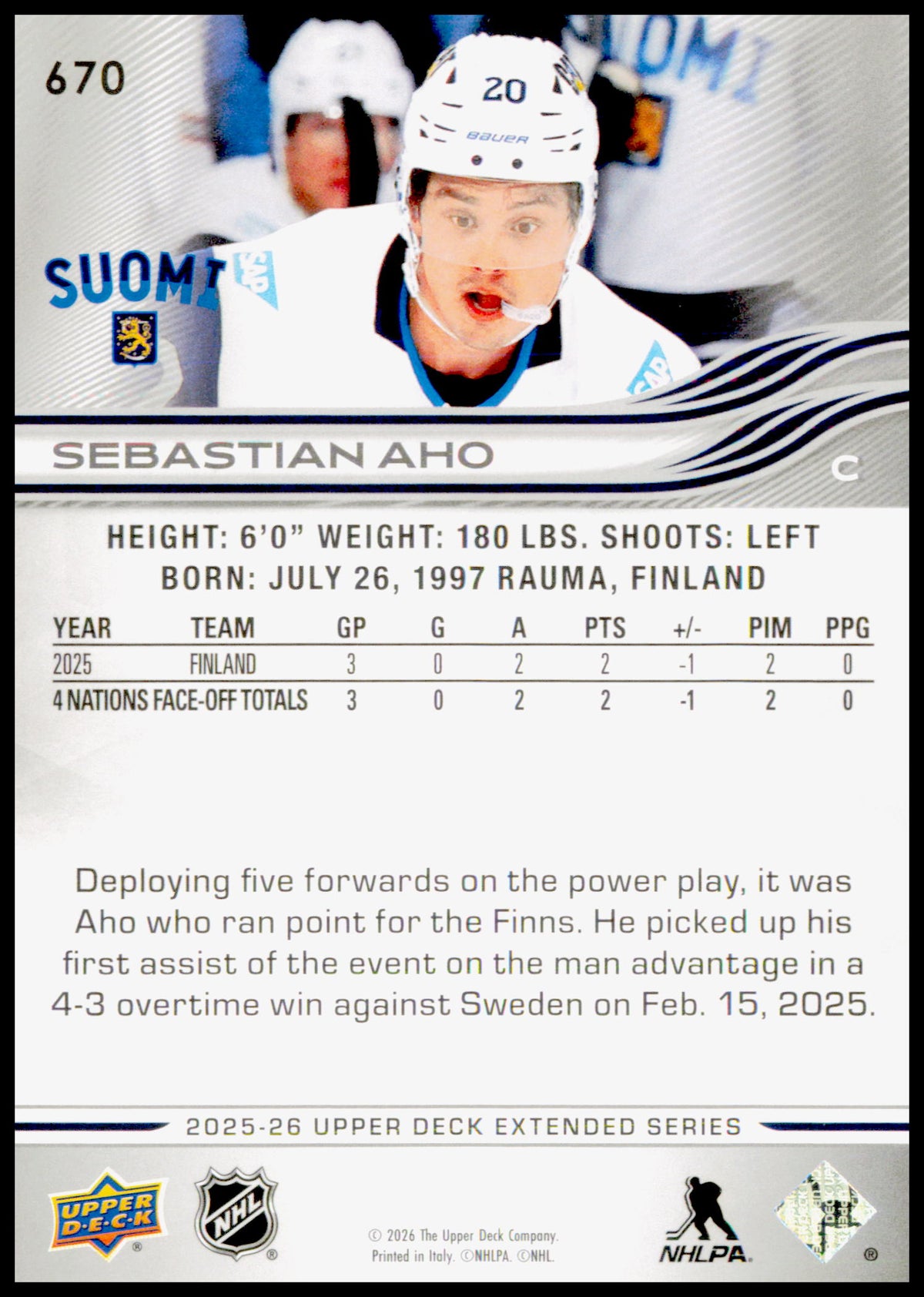 2025-26 Upper Deck Sebastian Aho Card Finland