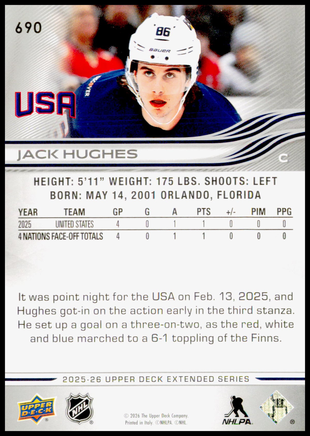 2025-26 Upper Deck Jack Hughes Card USA
