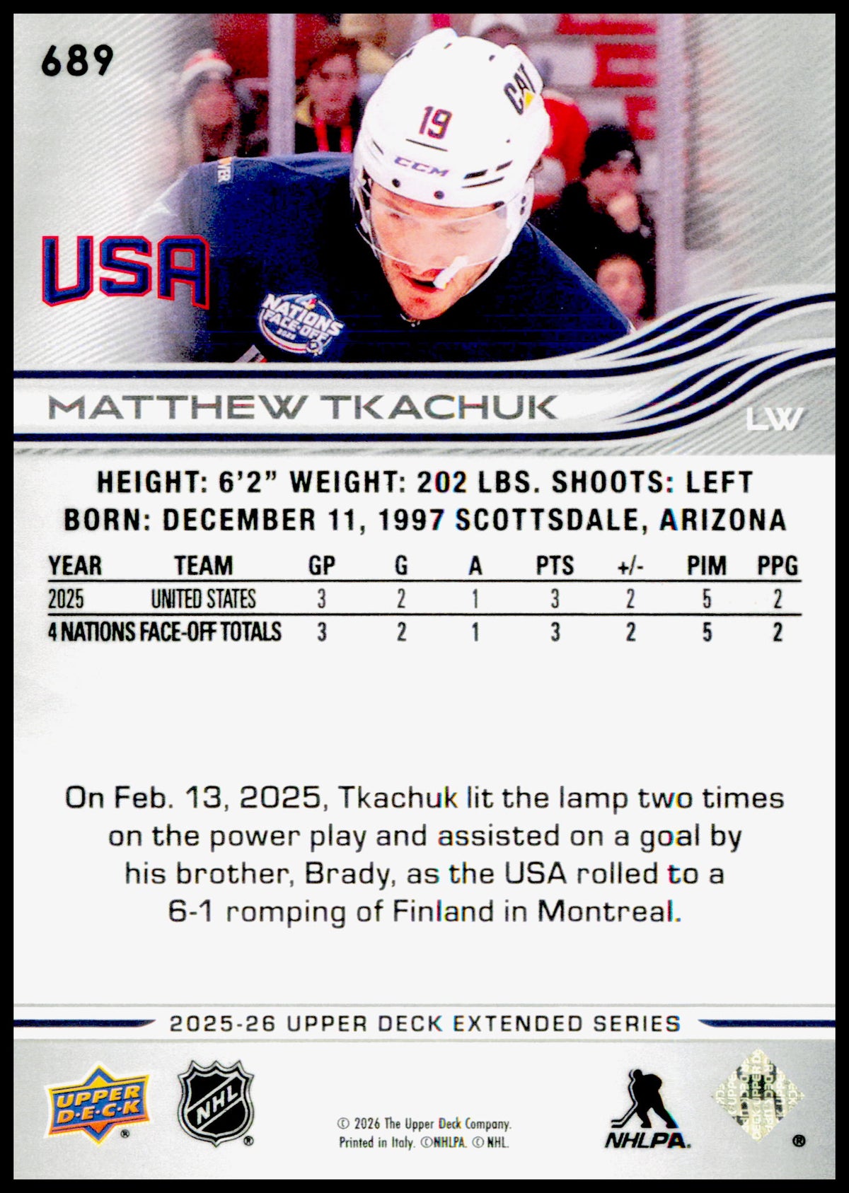 2025-26 Upper Deck Matthew Tkachuk Card USA