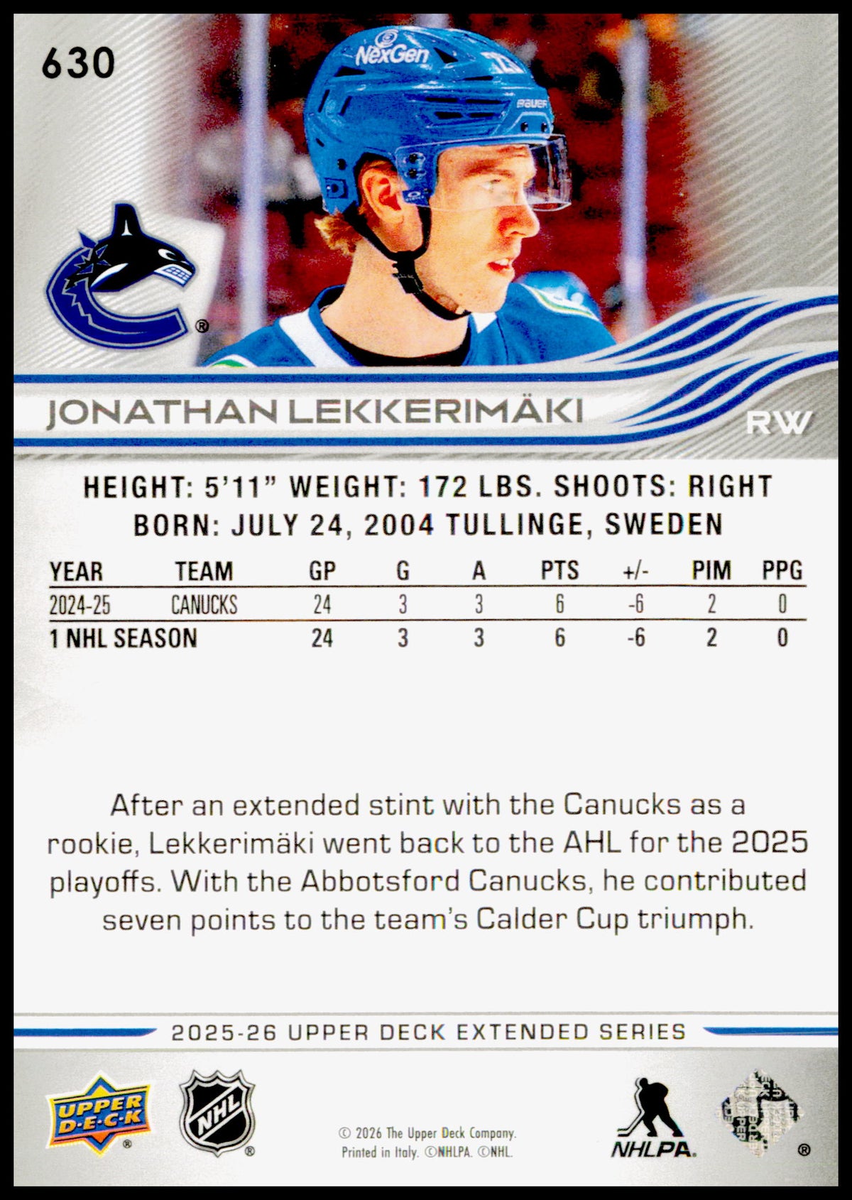 2025-26 Upper Deck Jonathan Lekkerimaki Card Vancouver Canucks