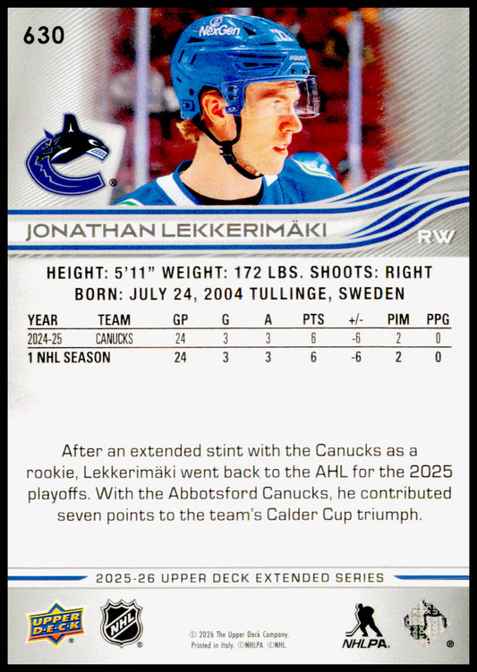 2025-26 Upper Deck Jonathan Lekkerimaki Card Vancouver Canucks