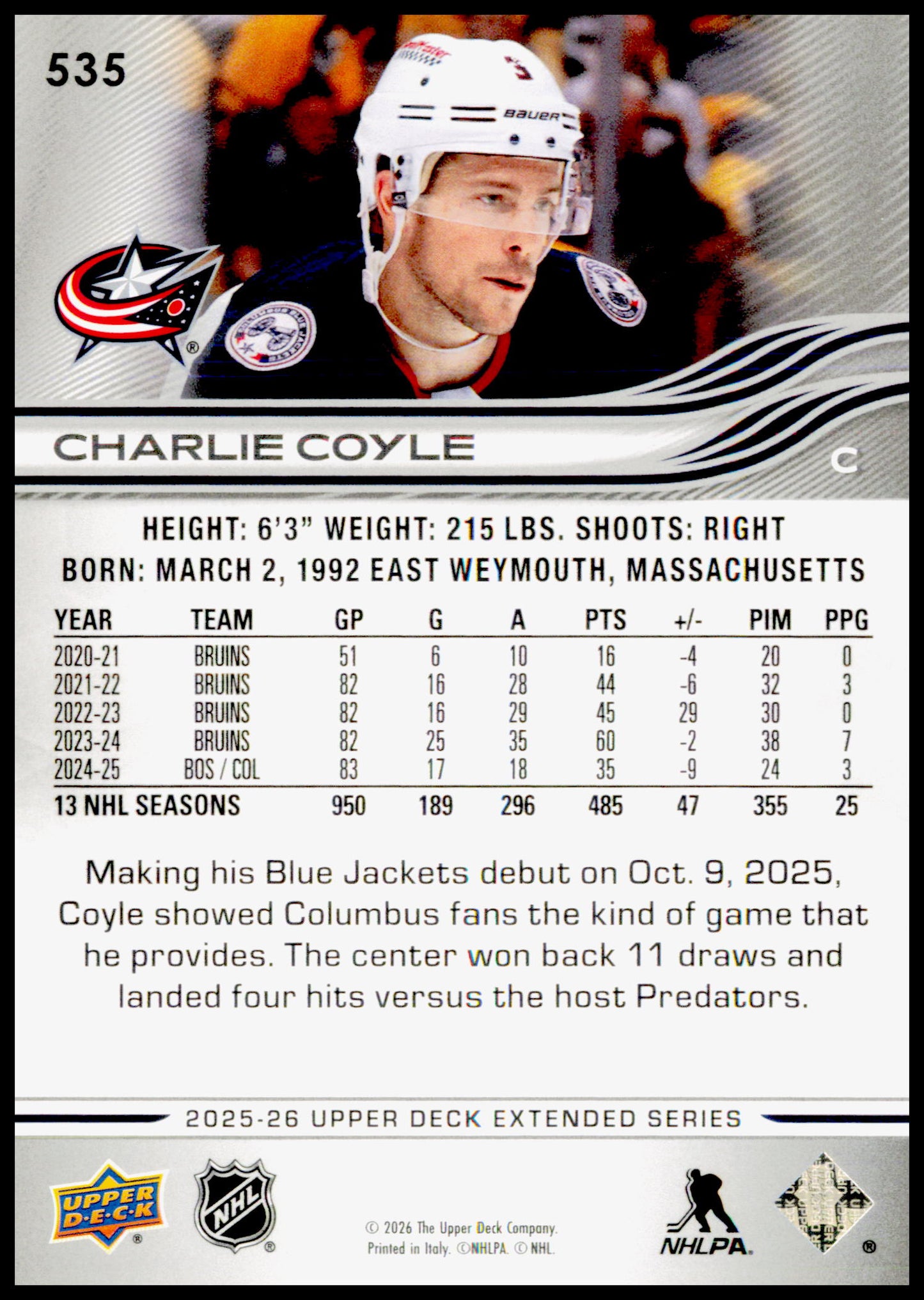 2025-26 Upper Deck Charlie Coyle Card Columbus Blue Jackets
