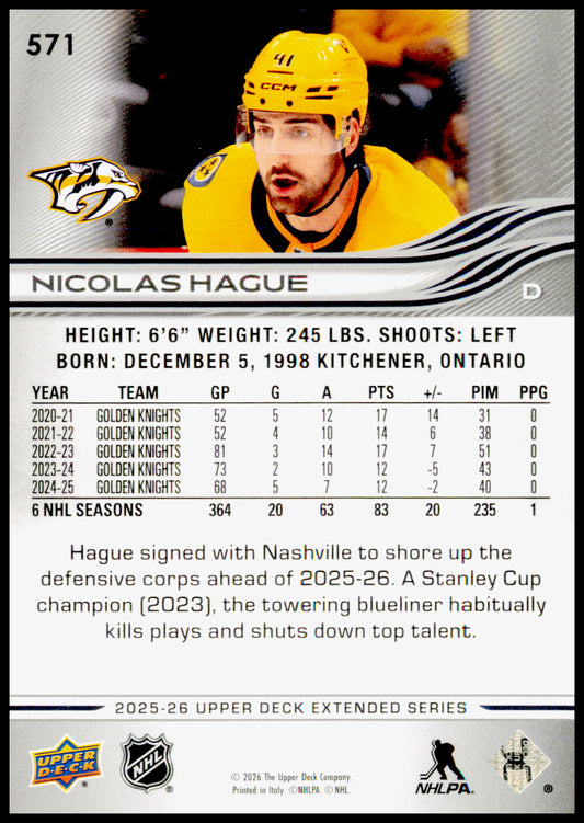 2025-26 Upper Deck Nicolas Hague Card Nashville Predators