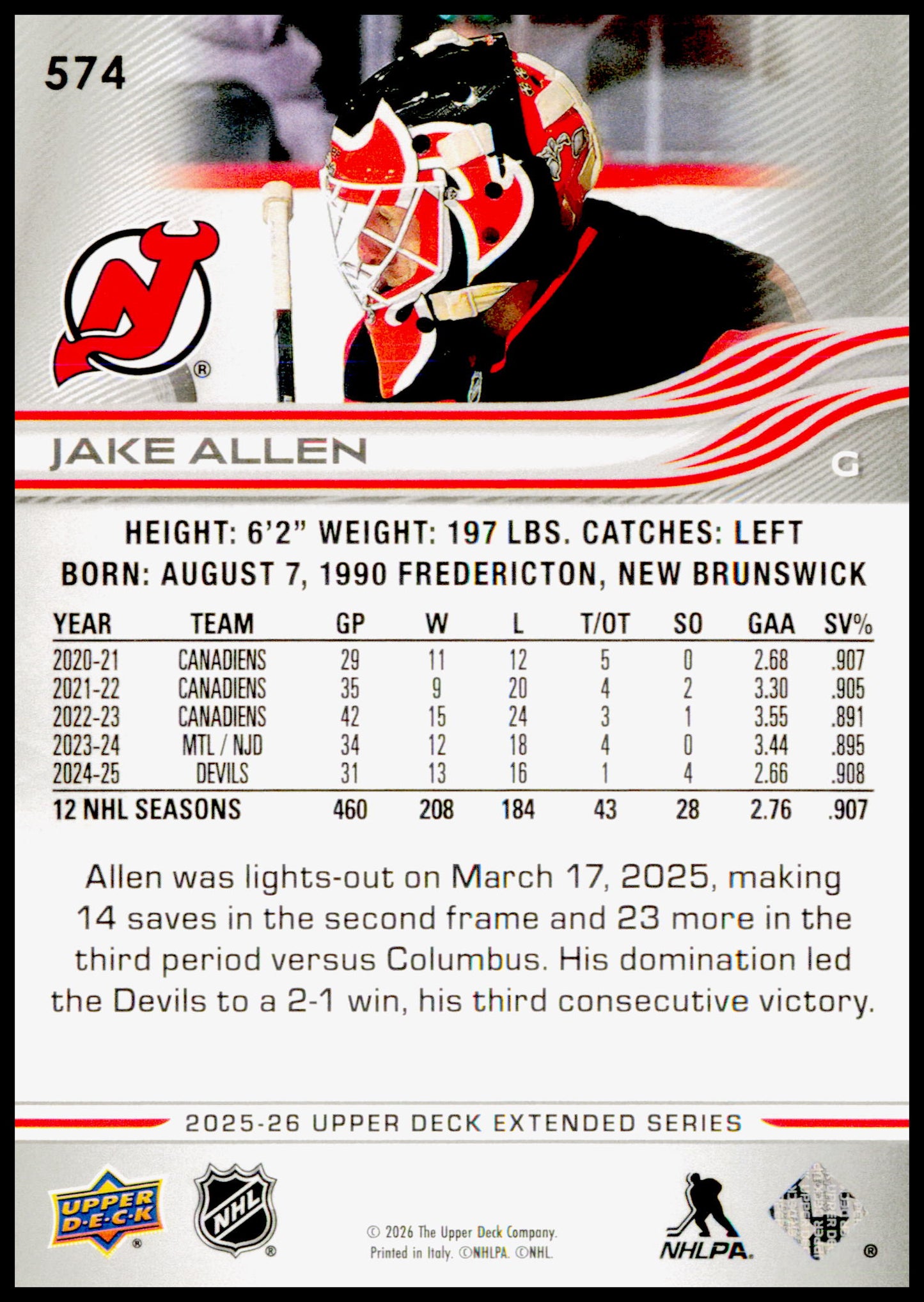 2025-26 Upper Deck Jake Allen Card New Jersey Devils