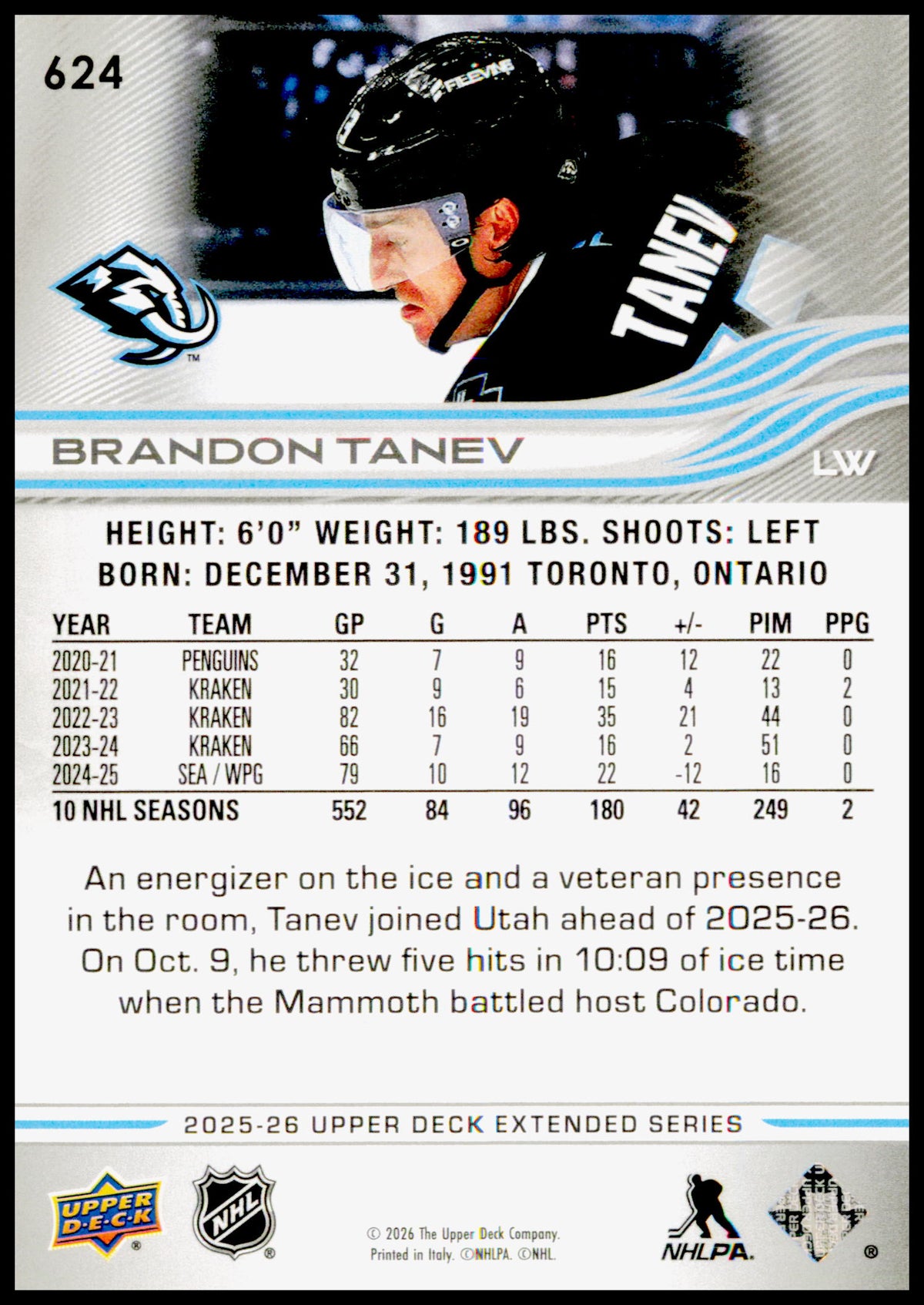 2025-26 Upper Deck Brandon Tanev Card Utah Mammoth