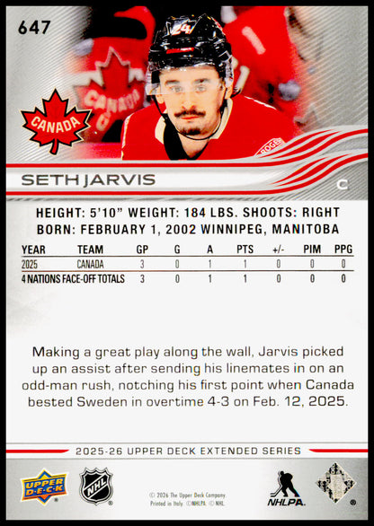 2025-26 Upper Deck Seth Jarvis Card Canada