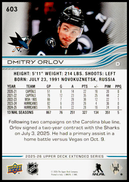 2025-26 Upper Deck Dmitry Orlov Card San Jose Sharks
