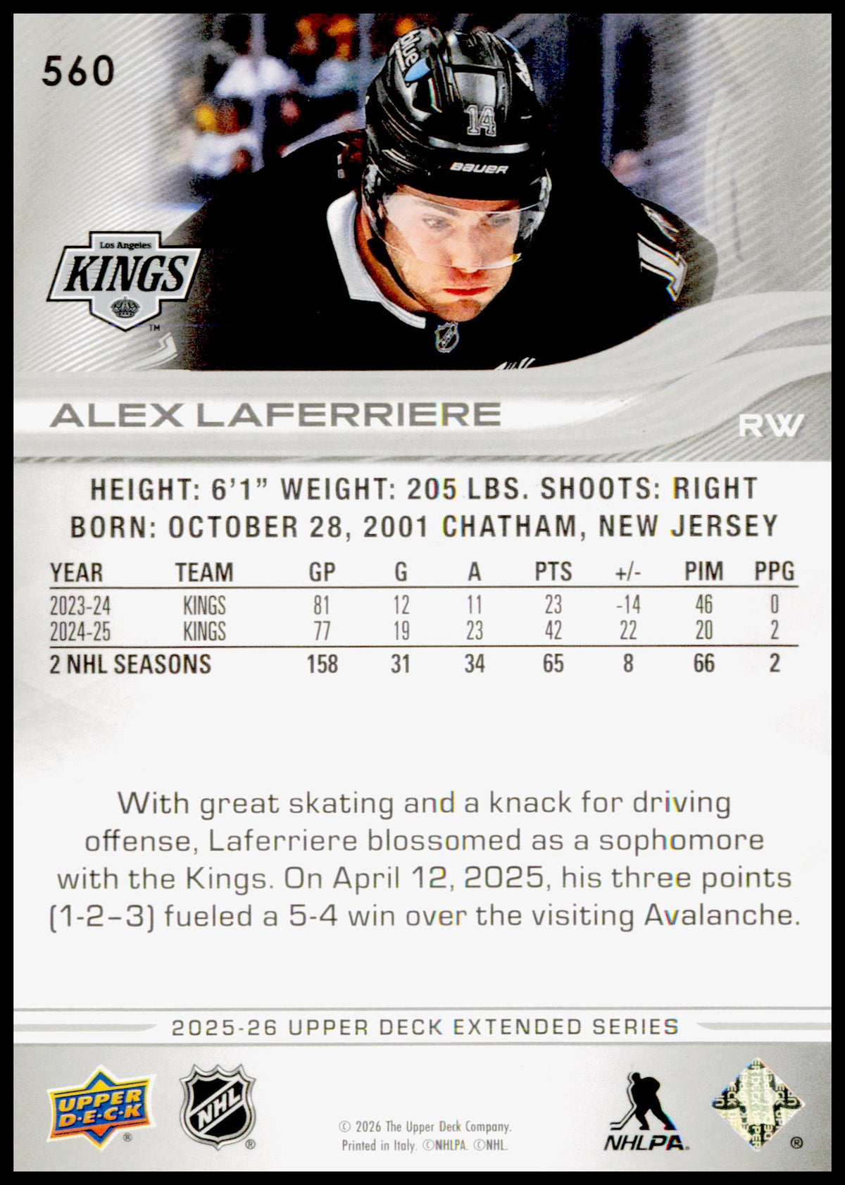 2025-26 Upper Deck Alex Laferriere Card Los Angeles Kings