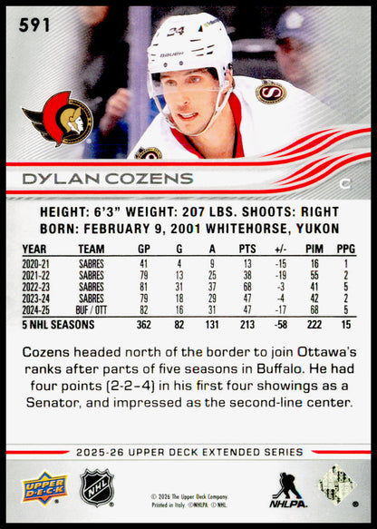 2025-26 Upper Deck Dylan Cozens Card Ottawa Senators