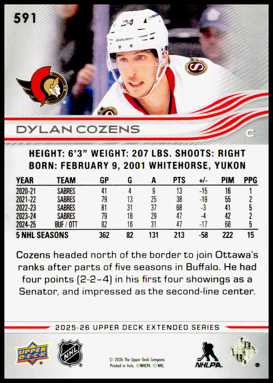 2025-26 Upper Deck Dylan Cozens Card Ottawa Senators