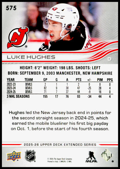2025-26 Upper Deck Luke Hughes Card New Jersey Devils