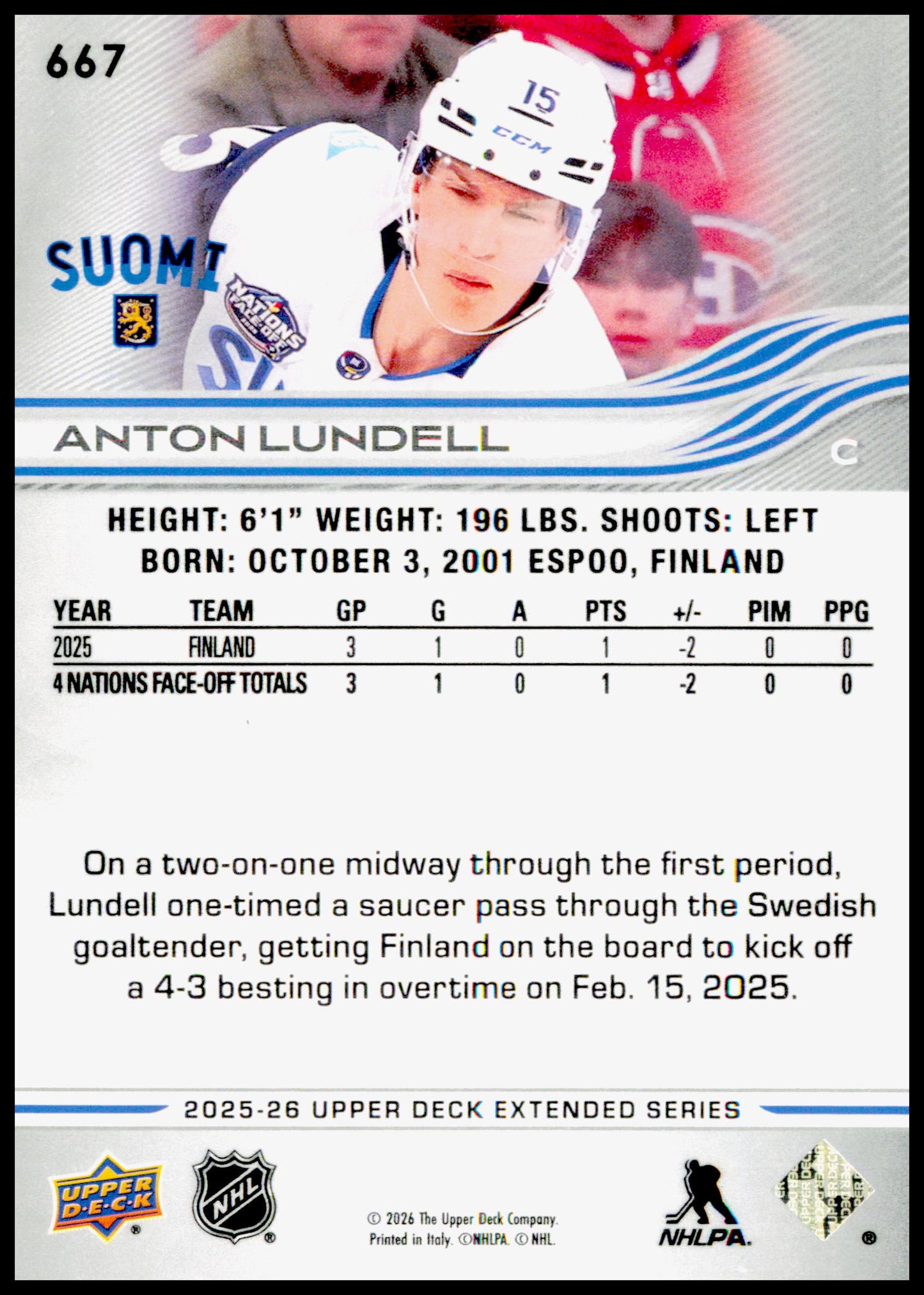 2025-26 Upper Deck Anton Lundell Card Finland
