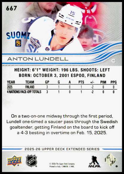 2025-26 Upper Deck Anton Lundell Card Finland