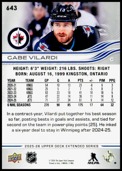 2025-26 Upper Deck Gabe Vilardi Card Winnipeg Jets