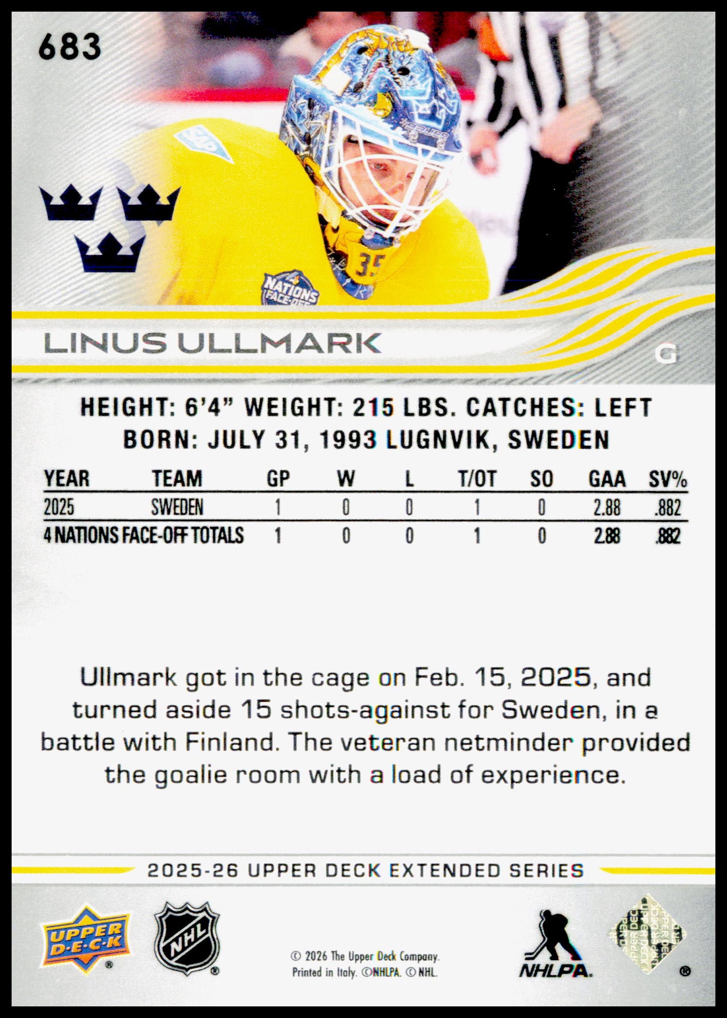 2025-26 Upper Deck Linus Ullmark Card Sweden