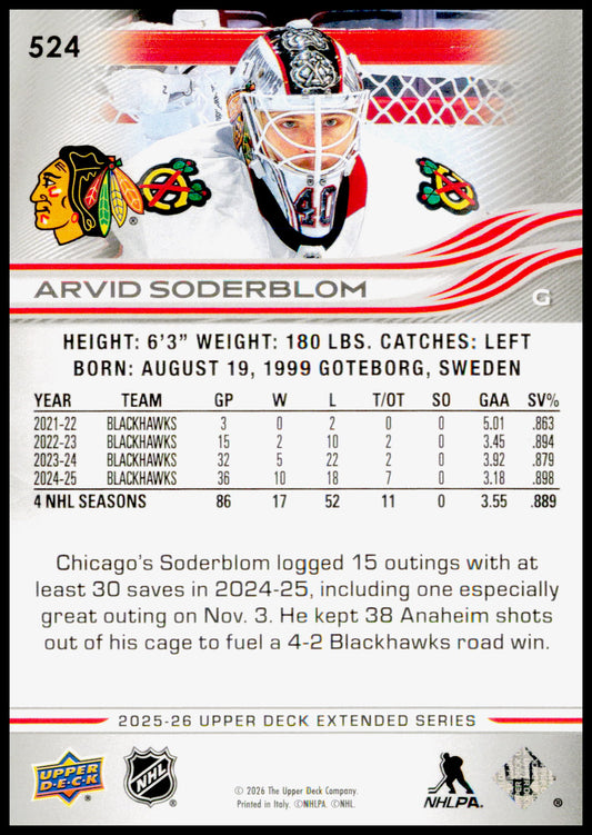 2025-26 Upper Deck Arvid Soderblom Card Chicago Blackhawks