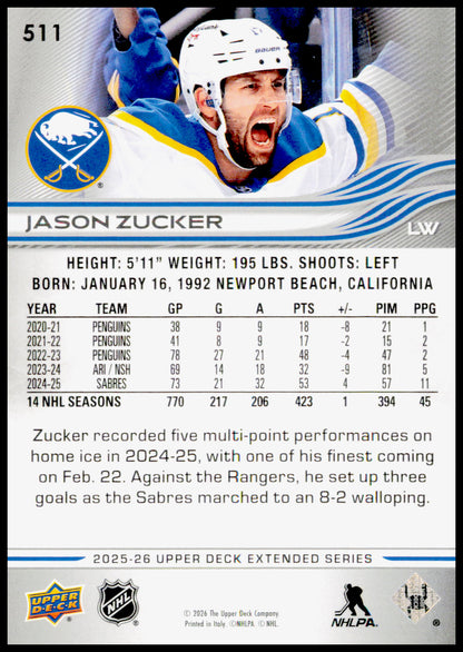 2025-26 Upper Deck Jason Zucker Card Buffalo Sabres