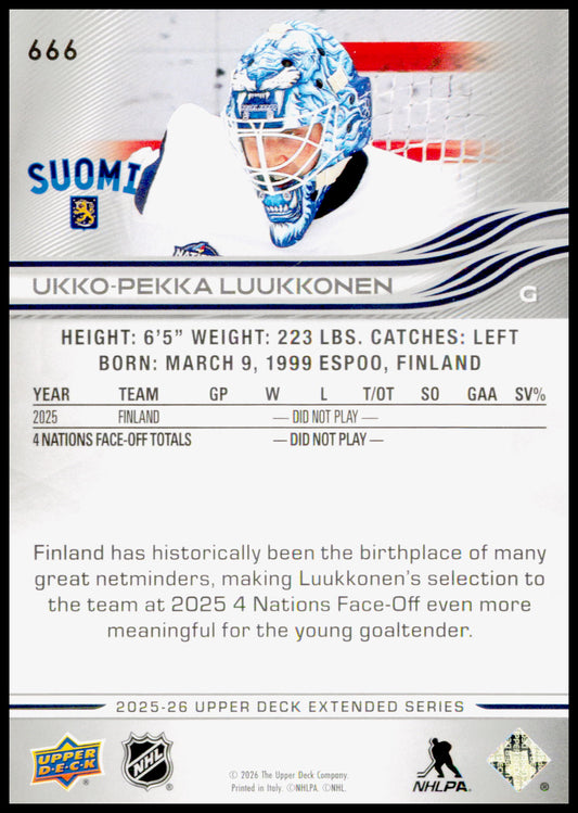 2025-26 Upper Deck Ukko-Pekka Luukkonen Card Finland