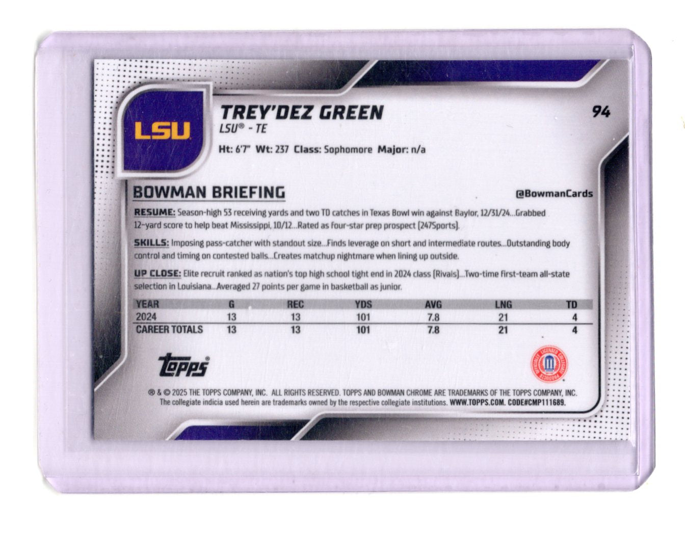 2025 Bowman University Chrome Trey'Dez Green Card LSU Tigers