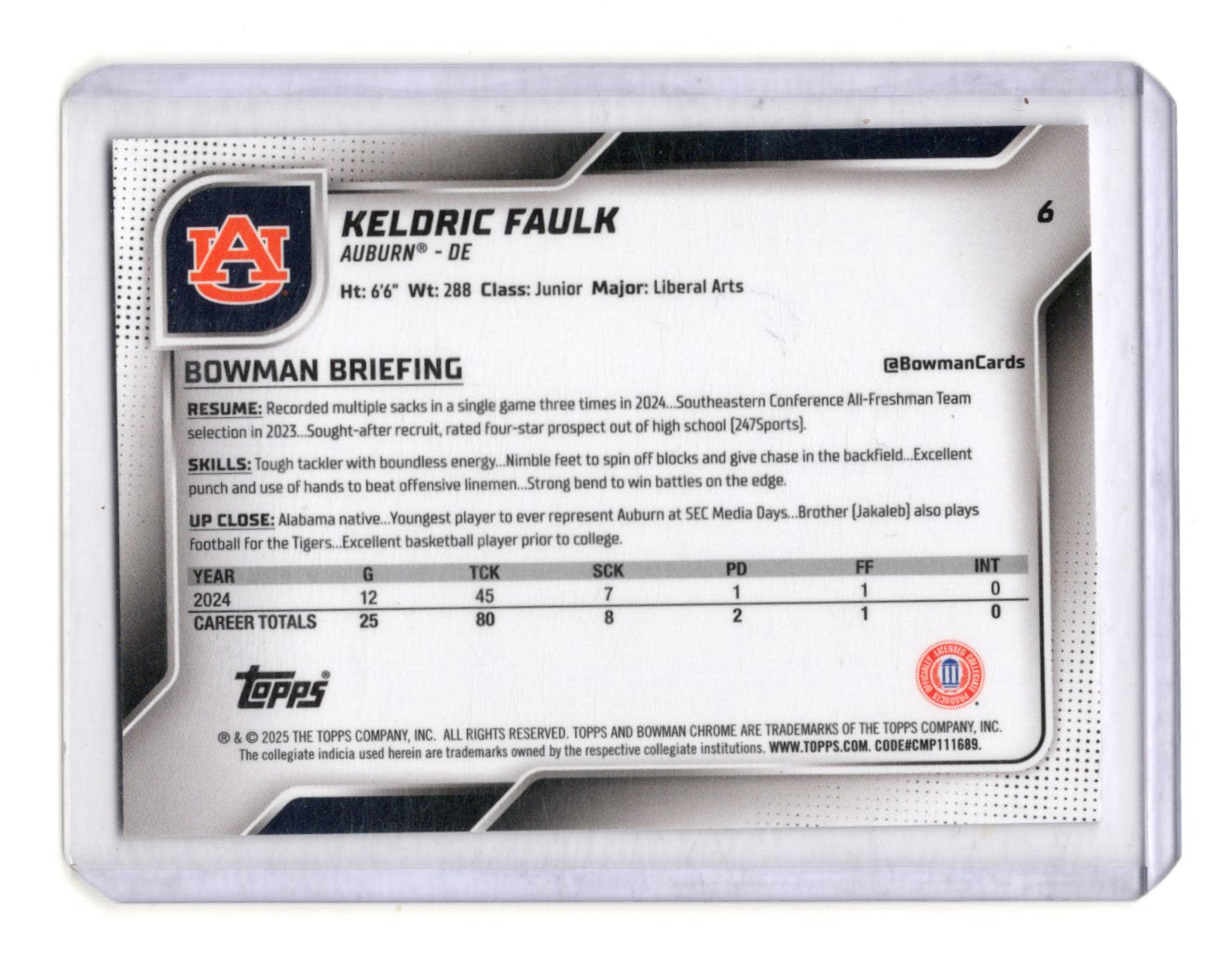 2025 Bowman University Chrome Keldric Faulk Card Auburn Tigers