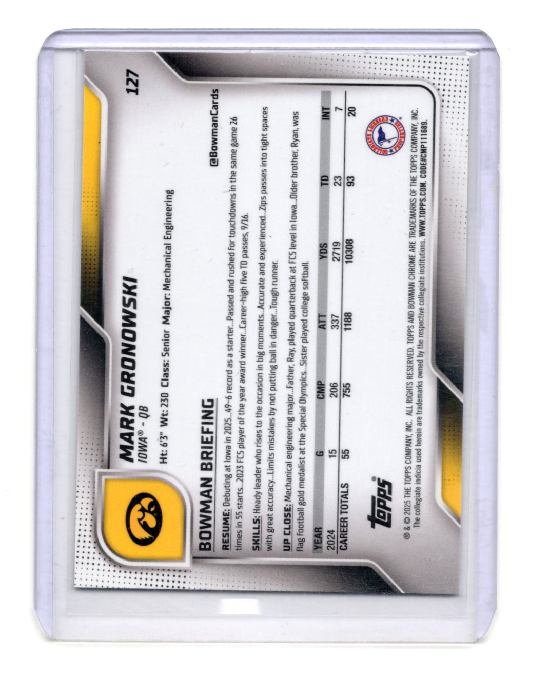 2025 Bowman University Chrome Mark Gronowski Card Iowa Hawkeyes