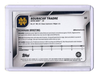 2025 Bowman University Chrome Boubacar Traore Card Notre Dame Fighting Irish