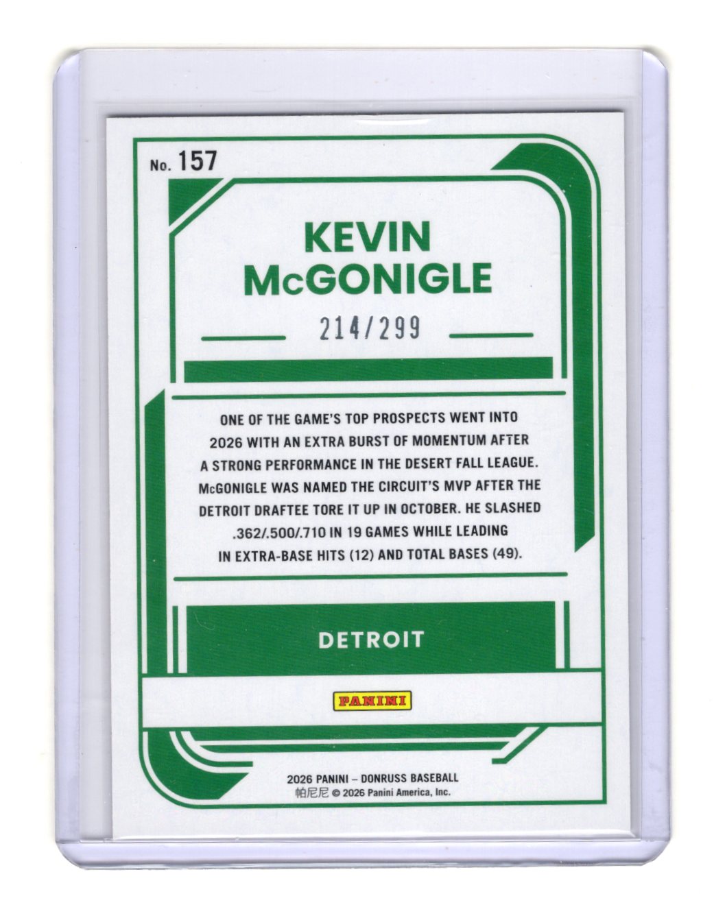 2026 Donruss Kevin McGonigle Card Orange Laser SN Detroit Tigers
