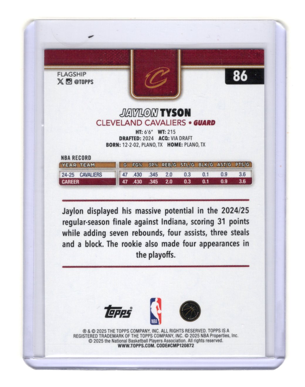 2025-26 Topps Jaylon Tyson Card Season Tip Off Cleveland Cavaliers