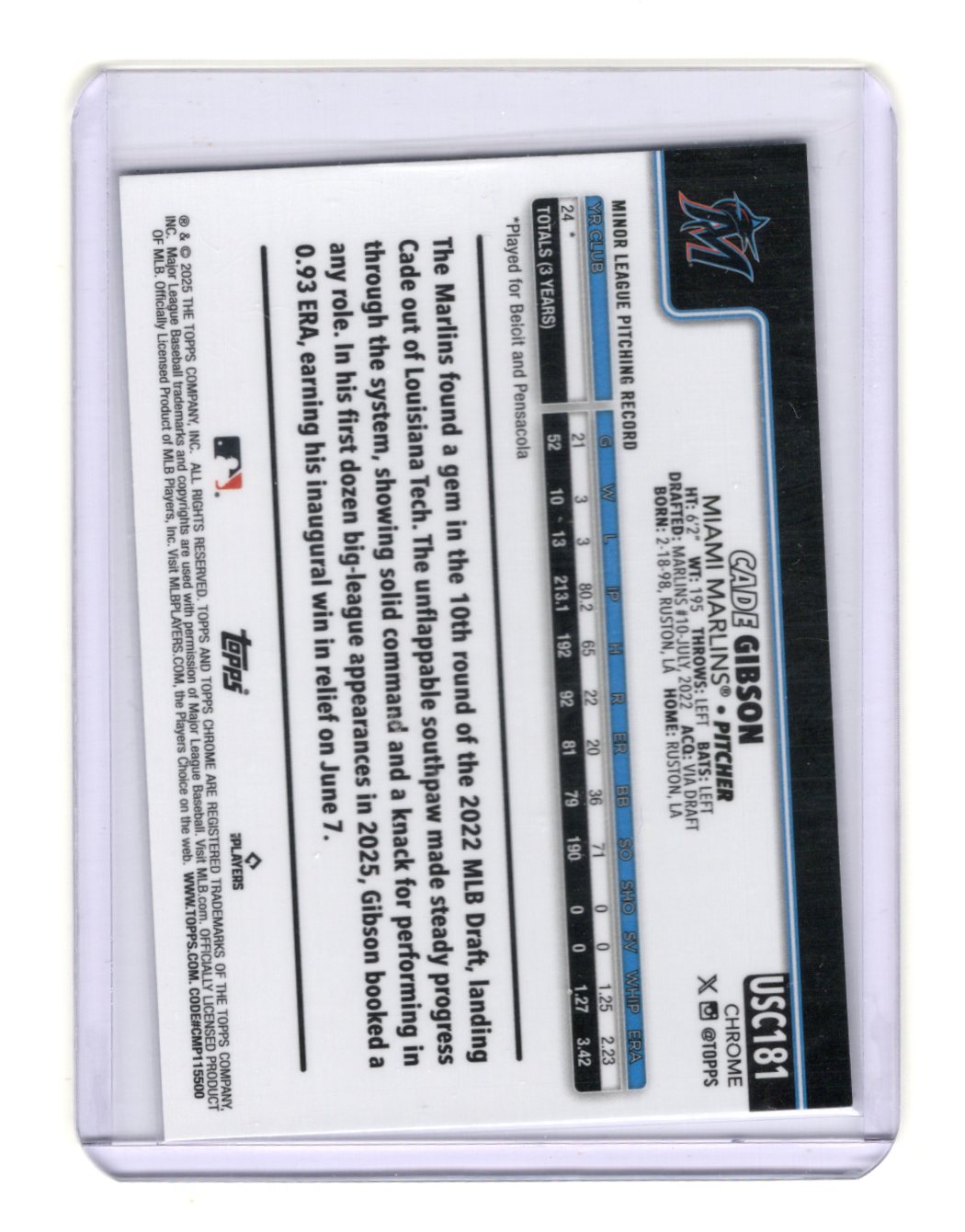 2025 Topps Chrome Update Cade Gibson Card RC Miami Marlins
