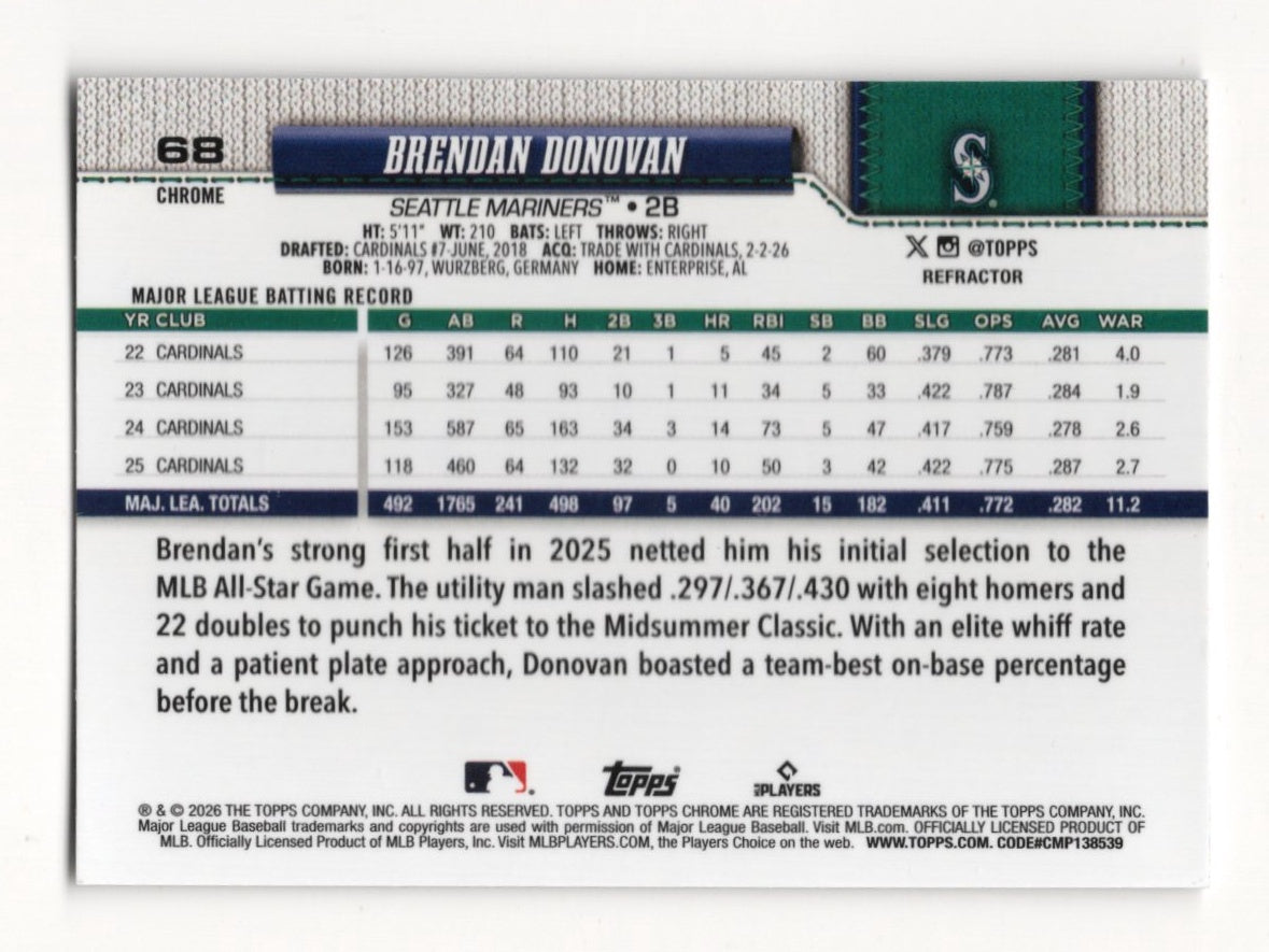 2026 Topps Chrome Brendan Donovan Card Refractors Seattle Mariners