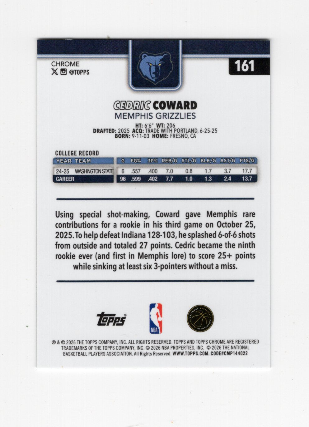 2025-26 Topps Chrome Update Cedric Coward Card RC Memphis Grizzlies