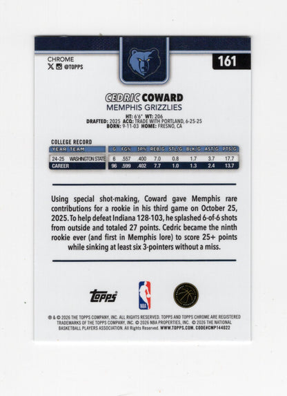 2025-26 Topps Chrome Update Cedric Coward Card RC Memphis Grizzlies