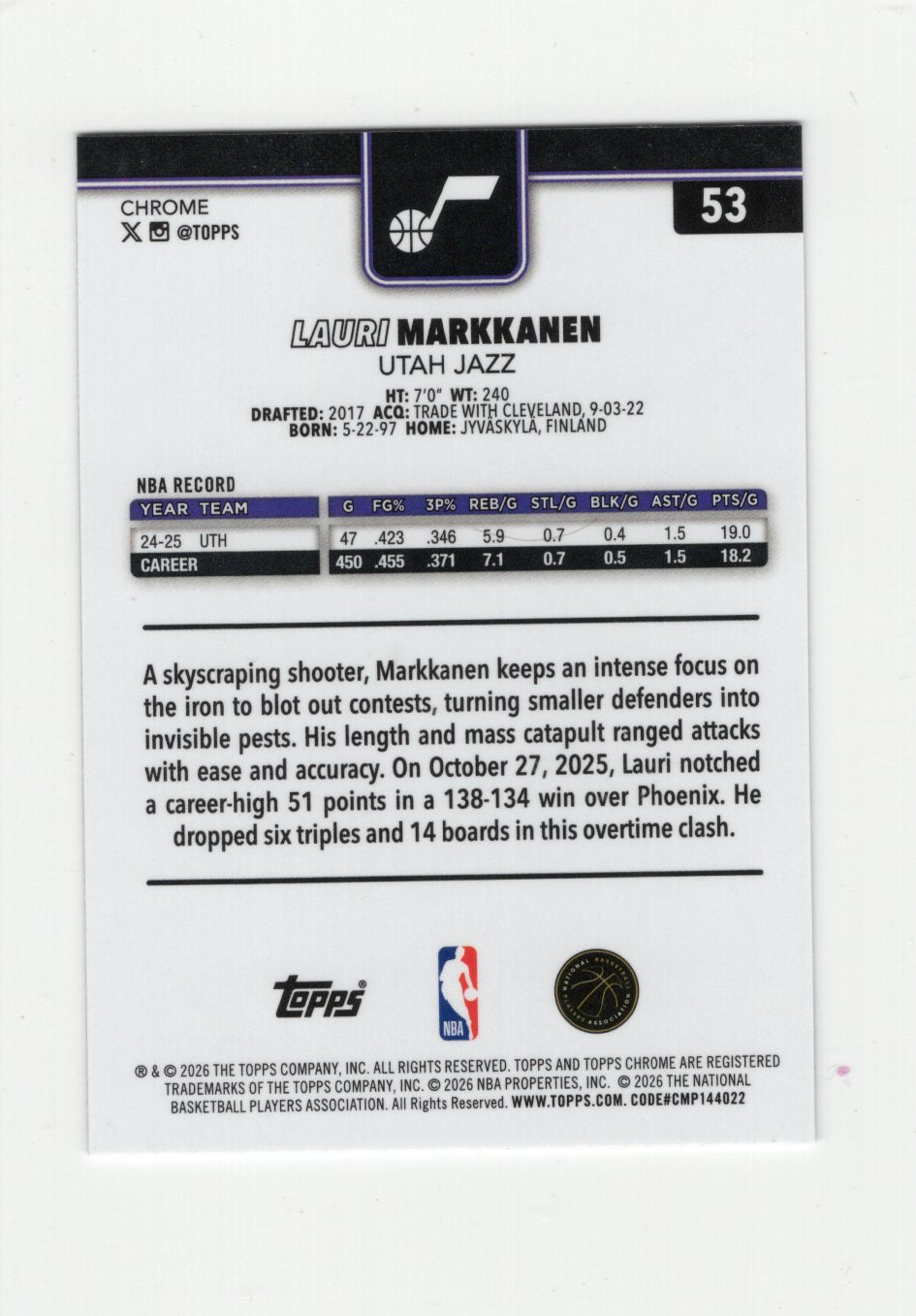 2025-26 Topps Chrome Update Lauri Markkanen Card X-Fractor Utah Jazz