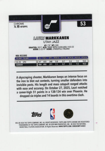 2025-26 Topps Chrome Update Lauri Markkanen Card X-Fractor Utah Jazz