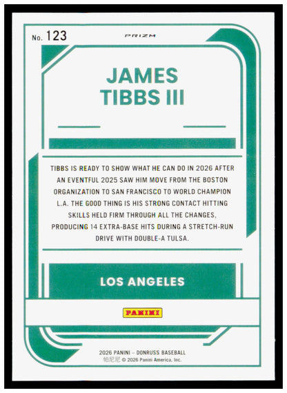 2026 Donruss James Tibbs III Card Optic Orange Velocity Los Angeles Dodgers