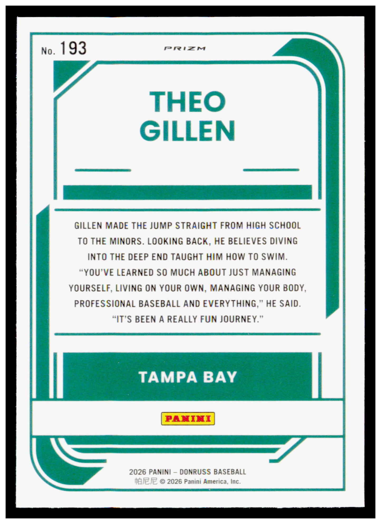 2026 Donruss Theo Gillen Card Optic Tampa Bay Rays