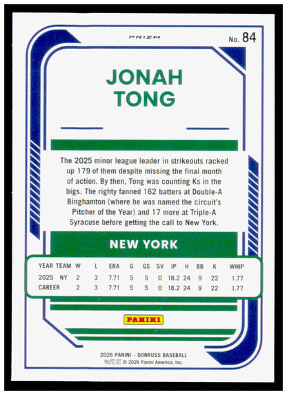 2026 Donruss Jonah Tong Card Optic Circles RC New York Mets