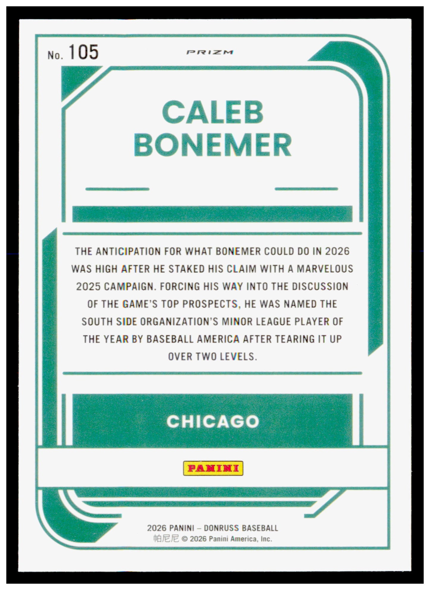 2026 Donruss Caleb Bonemer Card Optic Orange Velocity Chicago White Sox